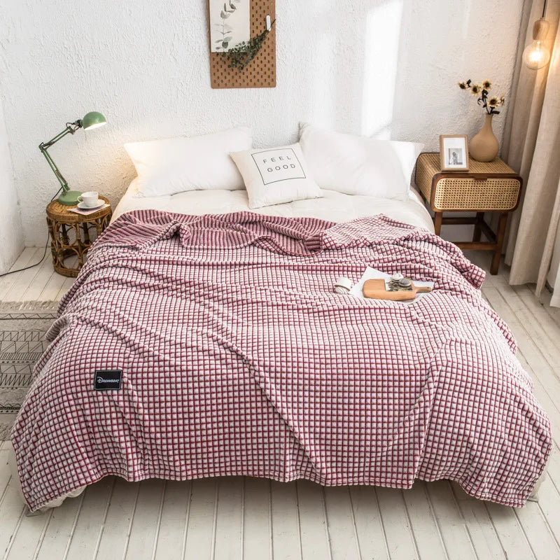 Decorbites™ Grauer Karo-Korallen-Fleece-Bettdecke - Einzel-/Queen-/King-Größe Gemütliche Flanell-Bettüberwurf