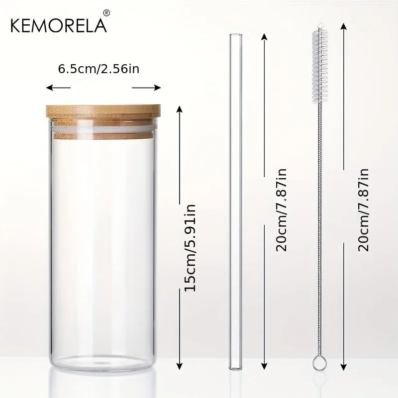 Decorbites™ 4-teiliges Set klare Glas-Tumbler-Becher mit Bambusdeckeln und Strohhalmen - 600 ml