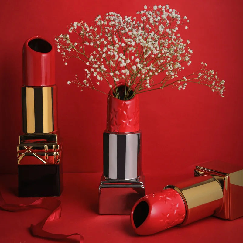 DecorBites™ Lipstick Shape Ceramic Vase: Cartoon Floral Arrangement Home Decor
