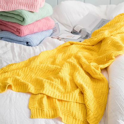 DecorBites™ Cozy Jacquard Blanket: 100% Cotton Solid Color Knitted Shawl for Office or Home