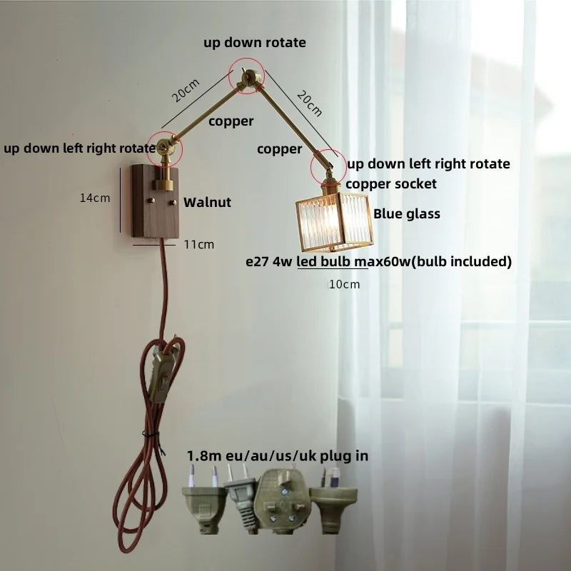 Decorbites™ LED-Wandlampe drehbar Glas Walnuss Schwingarme Flur Treppenlicht