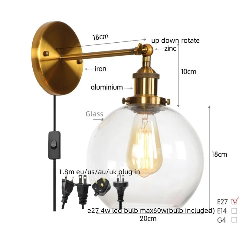 Decorbites™ Glasgloben-LED-Wandleuchte mit einarmiger Armatur Nachttischlampe im Vintage-Industrial-Stil