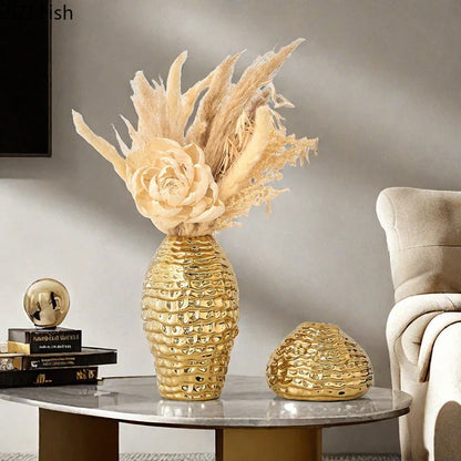 Decorbites™ Golden Falten-Keramik-Vase – Schreibtisch-Dekoration, vergoldete Blumenkübel für ästhetische Raumdekoration