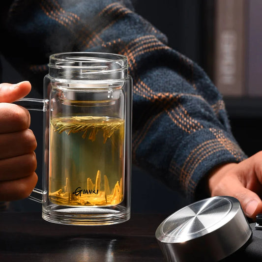 DecorBites™ Double Walled Insulated Glass Tea Cup with Filter - Business Men Drinkware