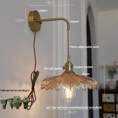 Decorbites™ Amber Vintage LED Wandlampe Glas Kupfer Zugschalter für Schlafzimmer