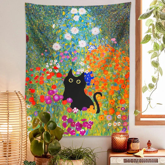 Decorbites™ Gartenkatze Tapisserie Wandbehang - Psychedelisches Boho-Zimmerkunst Wohnraumdekoration