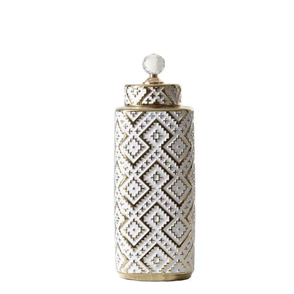 DecorBites™ Geometric Golden Relief Decorative Jar - Ceramic Crystal Vase Storage Jar