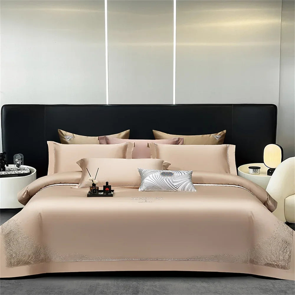 DecorBites™ Jacquard Embroidery Egyptian Cotton Satin Bedding Set with Elastic Sheet