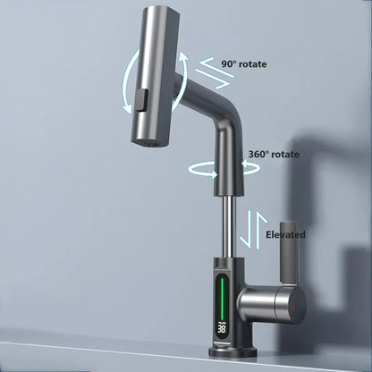 DecorBites™ Digital Display Waterfall Basin Faucet with Temperature Control and Lift Sprayer