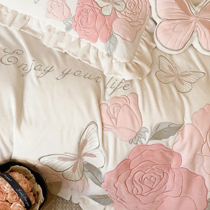 Decorbites™ Spitzen-Volants-Prinzessinnen-Bettwäsche-Set, Schmetterlingsblumen-Stickerei, Gemütliche Bettwäsche mit Bettlaken und Kissenbezügen