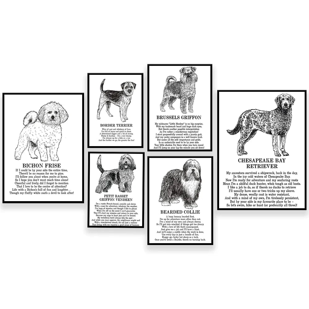 Decorbites™ Hunderassen-Poster: Chinesischer Nackthund, Chesapeake Bay Retriever, Brüsseler Griffon, + Mehr