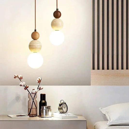 Cream Stone Pendant Light With Wood Accent