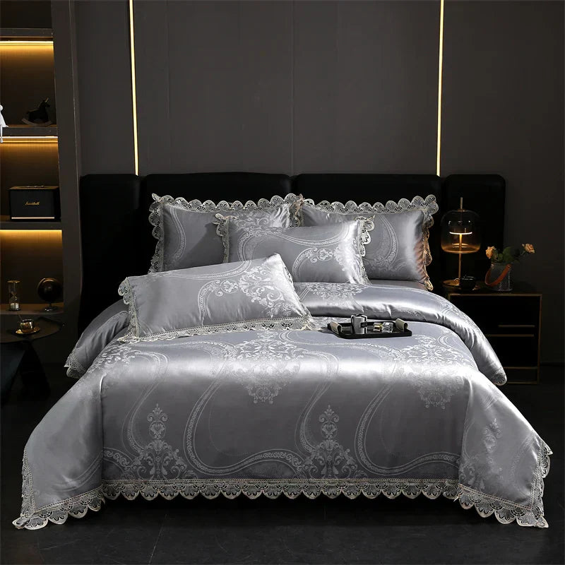 Decorbites™ Golden Jacquard-Baumwoll-Spitzen-Bettwäsche-Set – Seidig weiche Daunendecke, Spannbettlaken, Kissenbezug