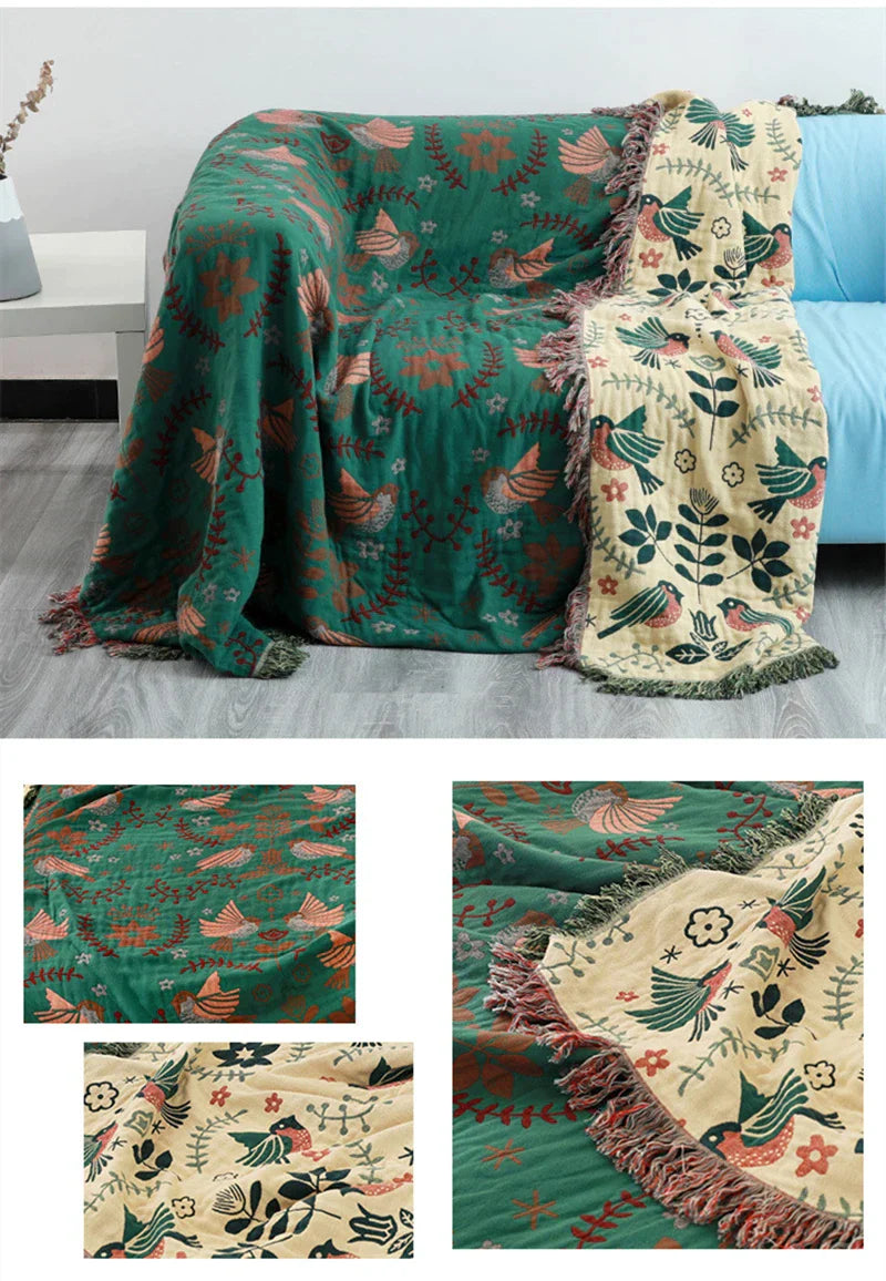 DecorBites™ Cotton Gauze Non-Slip Sofa Blanket: Double-Sided Jacquard, Yarn-Dyed, Four Seasons Quality