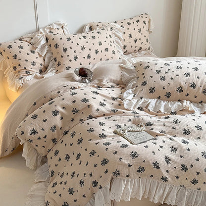 Decorbites™ Französische Spitzen-Volants-Blumenmuster 100% Baumwoll-Bettwäsche-Set mit Daunendeckelbezug, Laken und Kissenbezügen