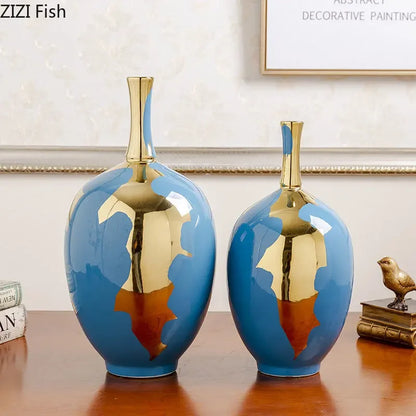 Decorbites™ Goldene Keramikvase | Modernes Design | Schreibtischdekoration | Glänzendes Porzellan | Blumenvasen