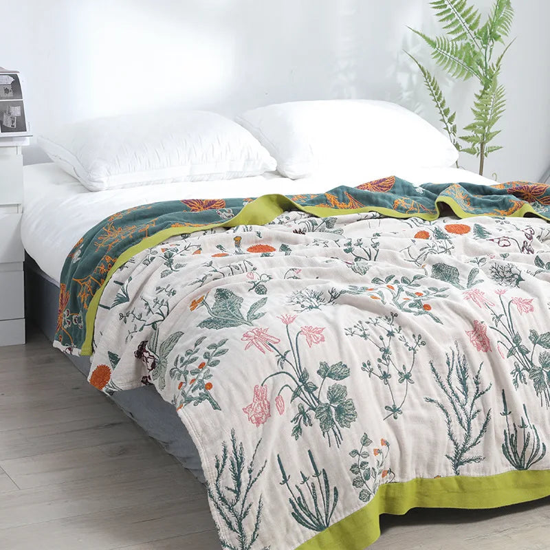 Decorbites™ Japanische Baumwoll-Einzelbettüberwurf mit Kissenhandtuch - Design mit Blumen und Vögeln