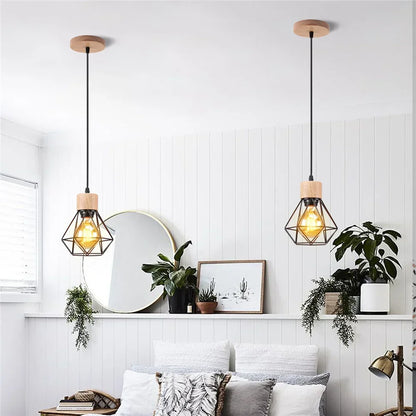 Vintage Black Wood and Iron Cage Pendant Light