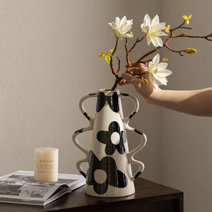 DecorBites™ Geometric Check Pattern Ceramic Vase with Handle for Home Decoration