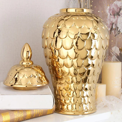 DecorBites™ Geometric Golden Porcelain Jar - Home Decor Vase & Storage Tank