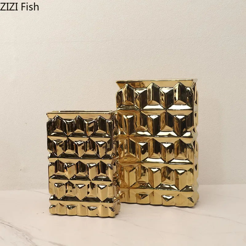 DecorBites™ Goldene Quadratische Keramikvase mit Künstlichen Blumen für Ästhetische Raumdeko