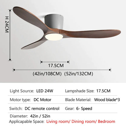 DecorBites™ 52" Low Floor Fan Lights Wood Blade Remote Control Ceiling Fan Strong Winds