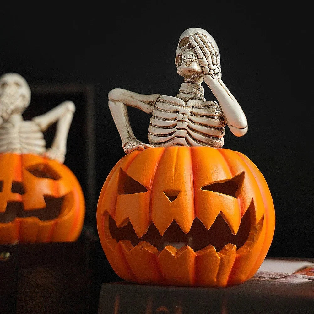 DecorBites™ Halloween Skull Pumpkin Skeleton Sculpture Resin Home Decor Statuette