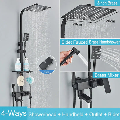 Decorbites™ Schwarzes Messing-Duscharmatur-Set Regendusche Badewannenarmatur mit Badezimmerregal