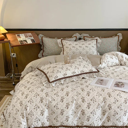 Decorbites™ Französisches Blumenbettwäsche-Set, 100% Baumwolle, Rüschen, Daunendeckelbezug, Bettlaken, Kissenbezüge
