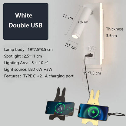 Decorbites™ Schwarz-Messing LED-Wandleuchte mit USB-Anschluss & Schalter - 3W-Scheinwerfer für das Schlafzimmer