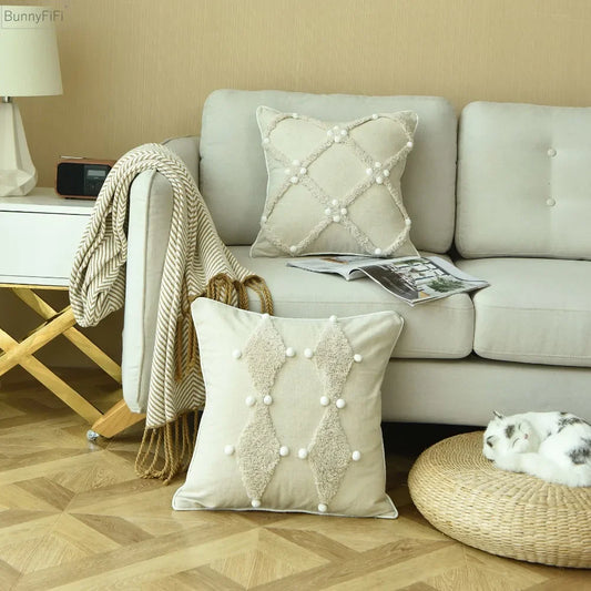 DecorBites™ Ivory Boho Style Cushion Cover with Colorful Pompoms