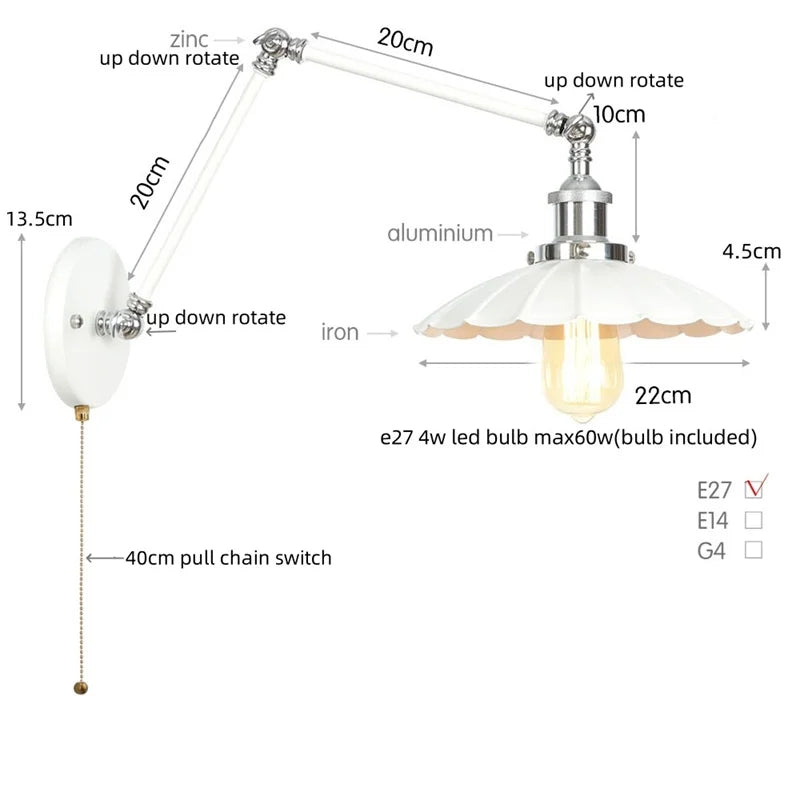 Decorbites™ Industrielle Linse Vintage-Loft-LED-Wandleuchte mit Schwingarmen und Zugschalter