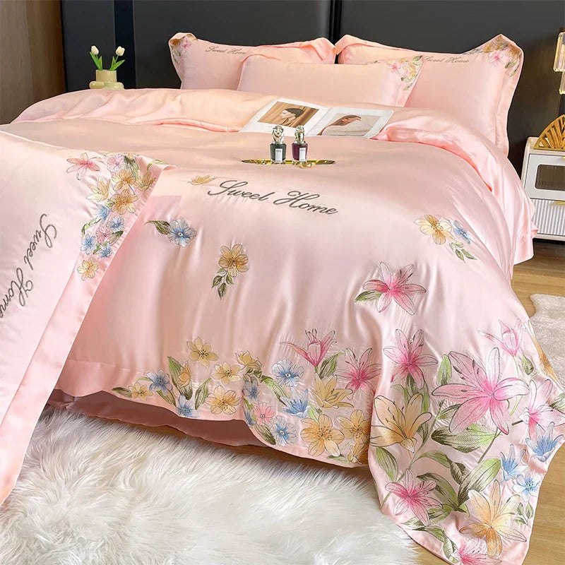 Decorbites™ Blumen-Stickerei Seidenbettwäsche-Set mit Steppdeckenbezug und Spannbettlaken