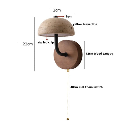 DecorBites™ LED Wall Light Fixture Travertine Stone Wood Canopy Bedside Lamp