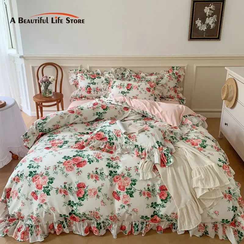 Decorbites™ Französisches Vintage-Rosen-Druck-Bettwäsche-Set mit Spitzenvolants und Leinen-Details