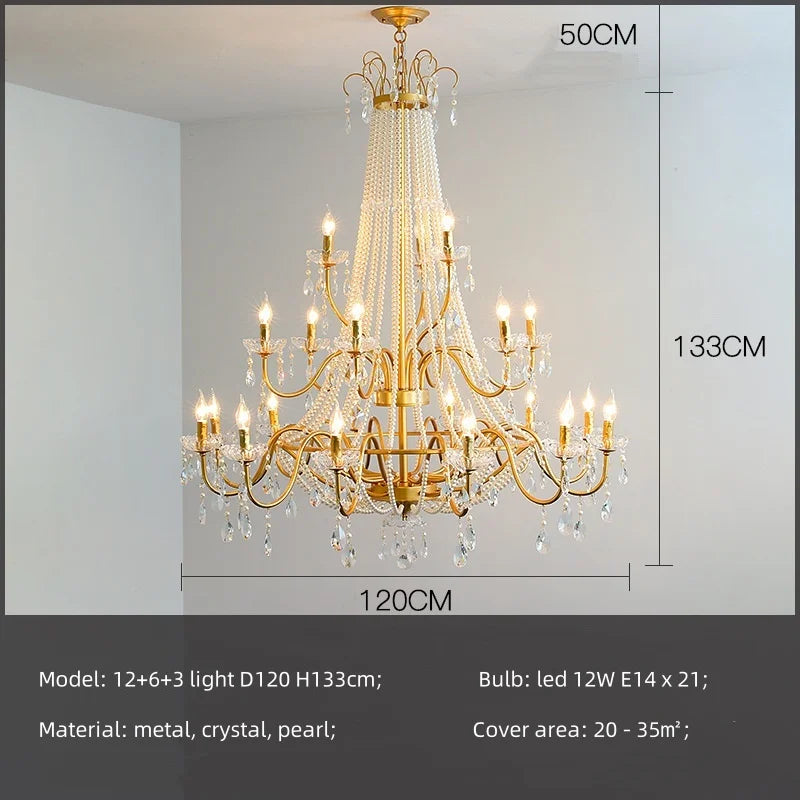 Gold Crystal Pearl Chandelier Iron D98cm