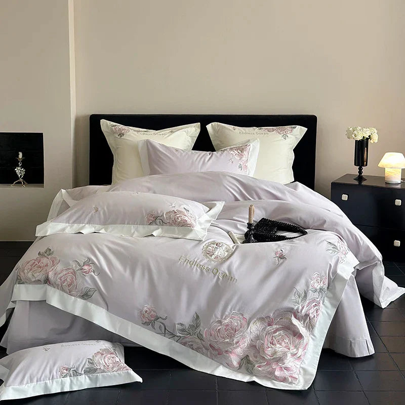 Decorbites™ 4-teiliges Bettwäsche-Set mit rosa-lila Blumenstickerei in 1000TC ägyptischer Baumwolle