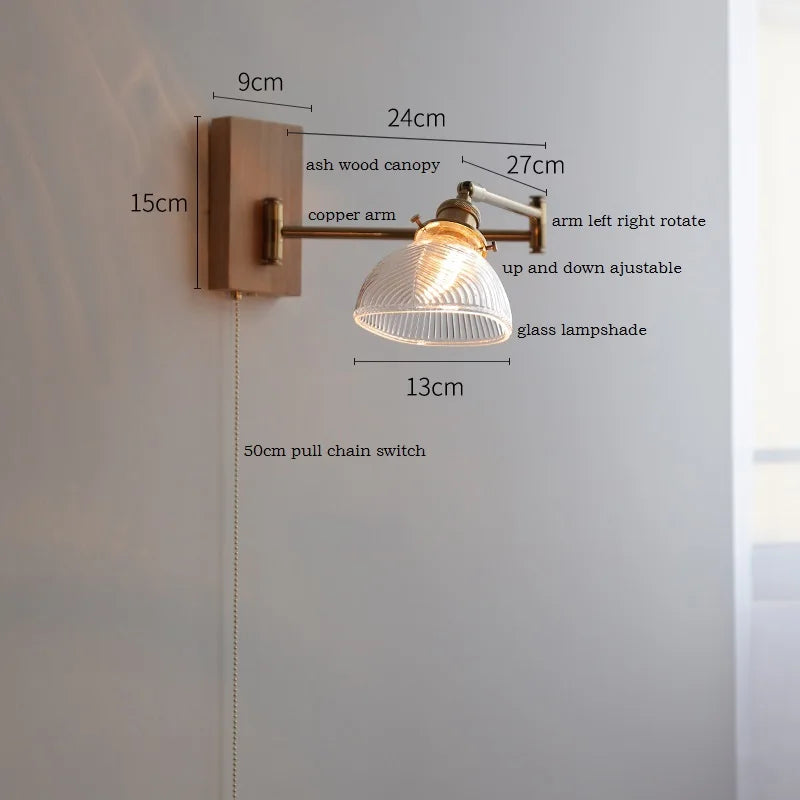 DecorBites™ Clear Glass Copper LED Wall Light with Pull Chain Switch & Walnut Wood Canopy