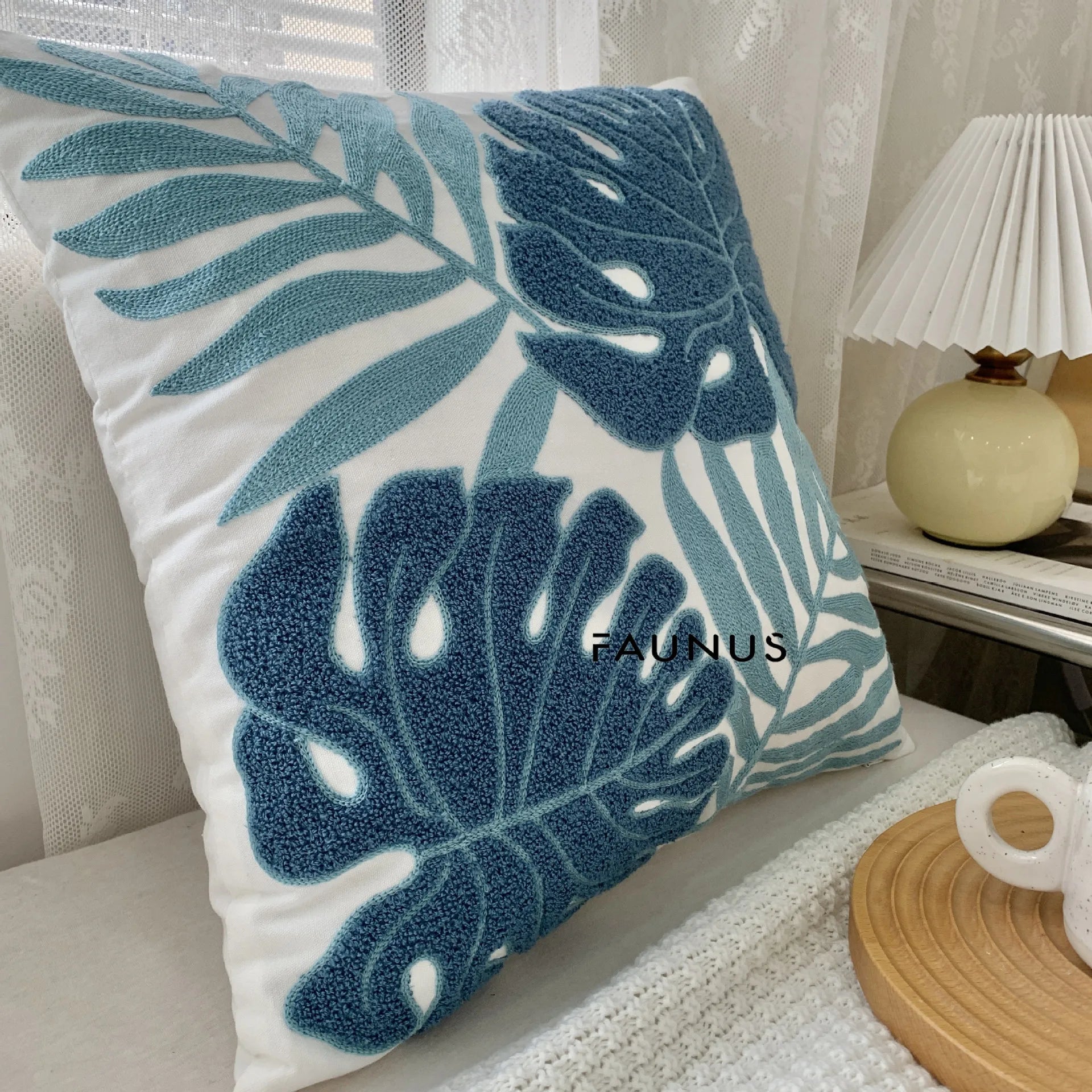 Leaf Embroidered Cotton Cushions
