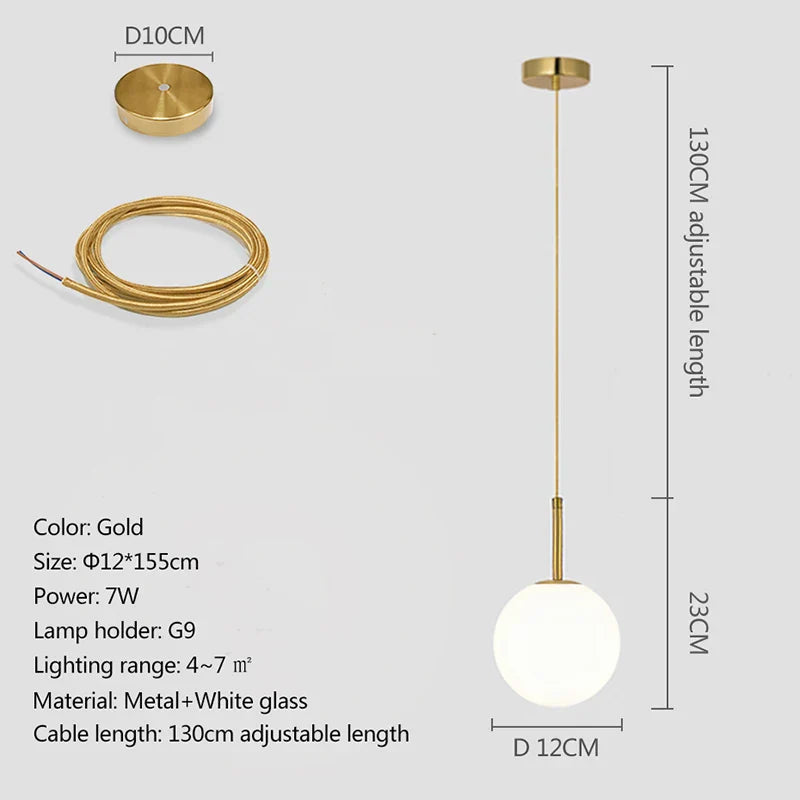 Nordic Glass Globe Pendant Light in Gold and White