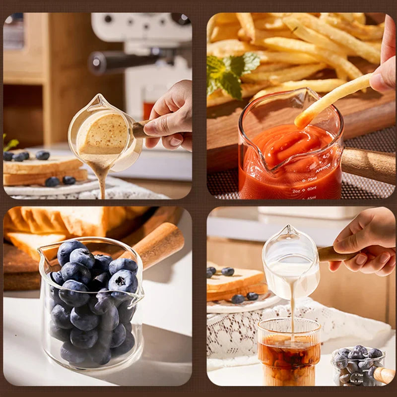 Decorbites™ Glas-Espresso-Messbecher mit Holzgriff, transparenter Milchkrug