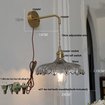 Decorbites™ Amber Vintage LED Wandlampe Glas Kupfer Zugschalter für Schlafzimmer