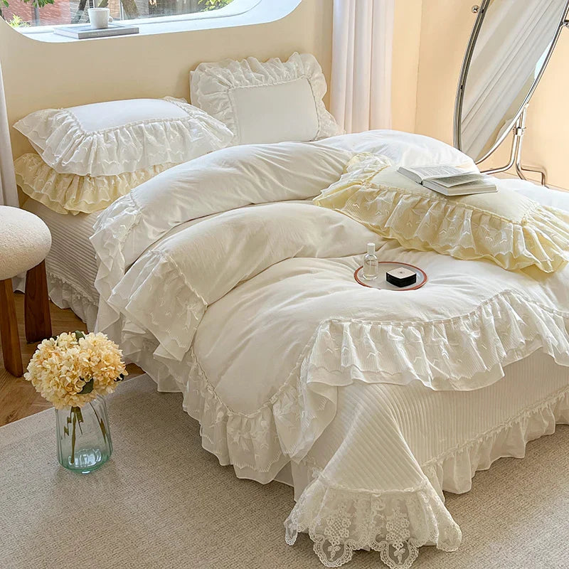 Decorbites™ Spitzen-Volants-Bettwäsche-Set in Perlmutt-Weiß Creme Gelb Prinzessin-Baumwolle