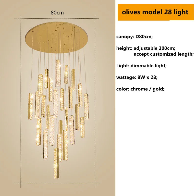 Decorbites™ Gold Chrom Stahl Kristall Anhängerleuchten mit dimmbarer LED für Villen-Treppe