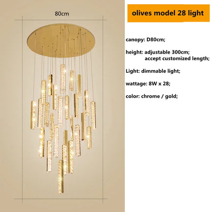 Decorbites™ Gold Chrom Stahl Kristall Anhängerleuchten mit dimmbarer LED für Villen-Treppe