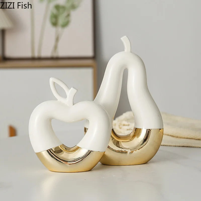 Gold Ceramic Apple Pear Statues
