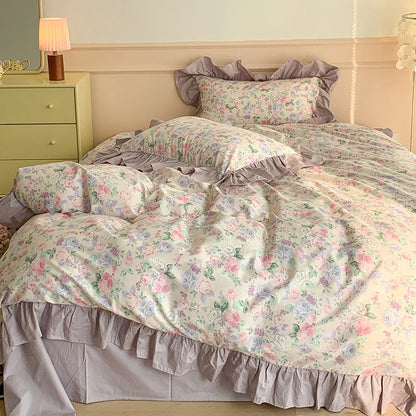 Decorbites™ Französisches Blumen-Motiv Baumwoll-Bettwäsche-Set mit großen Spitzenvolants, Frische Blumen