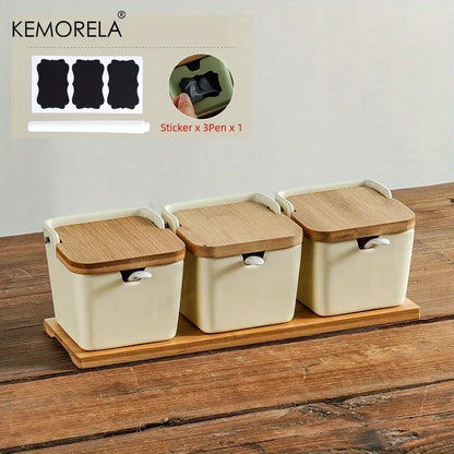Decorbites™ Japanisches Retro-Keramik-Gewürzgefäß-Set mit Tablett - 3-teiliges Küchenorganizer