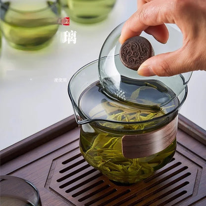Decorbites™ Glas-Gaiwan-Tassen-Set mit Holzring, 240 ml Tee-Trennung & Filter, hitzebeständig