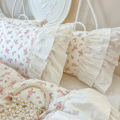 Decorbites™ Baumwoll-Bettwäsche-Set mit Blumenmuster und Falten-Spitzen-Volants, 4-teiliges Ensemble